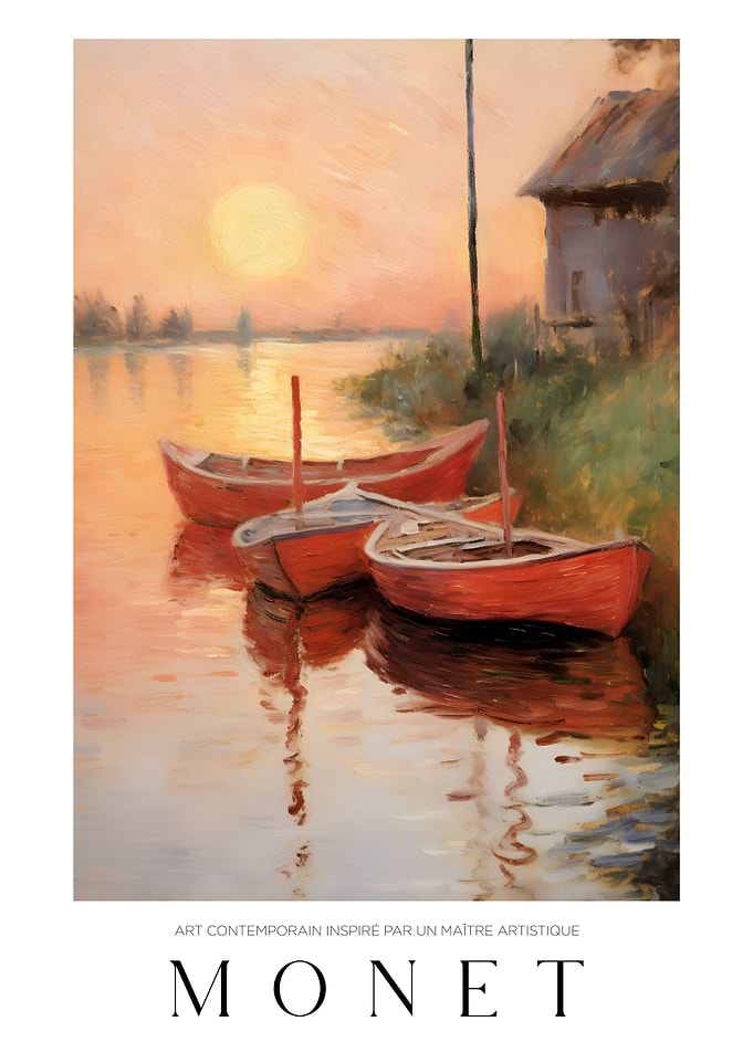 Monet-inspired boats at sunset painting