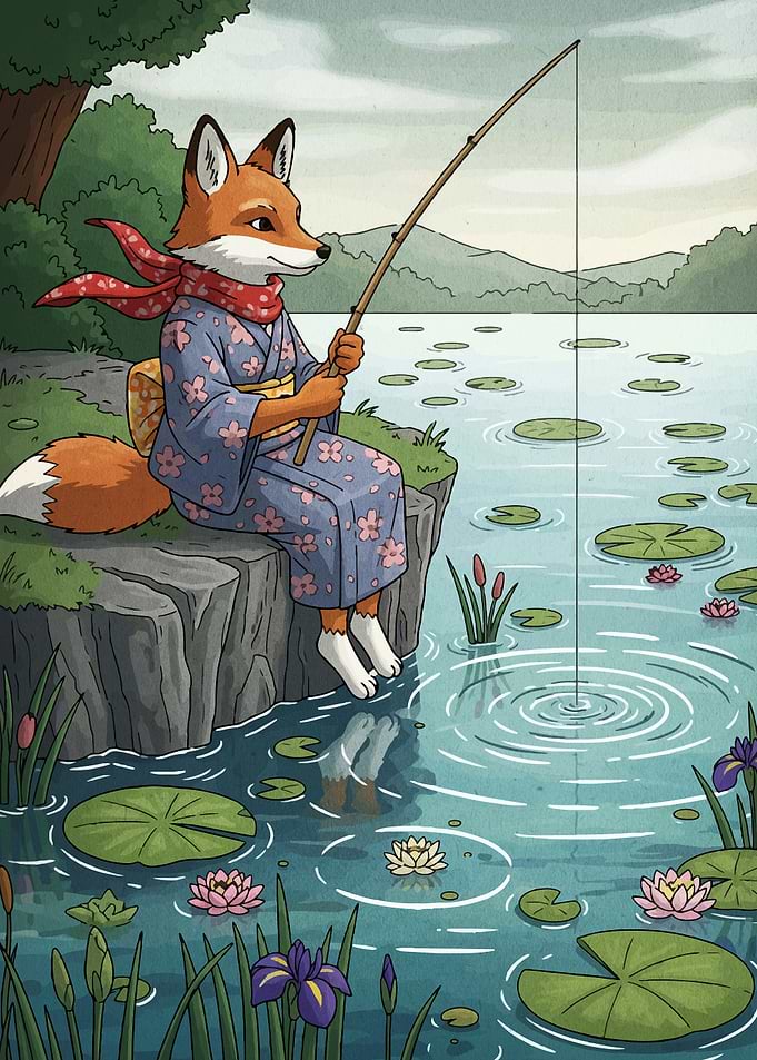 Fox fishing in a pond