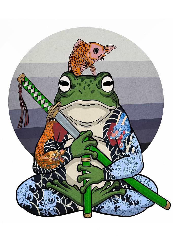 Tattooed Frog with Katana and Fish