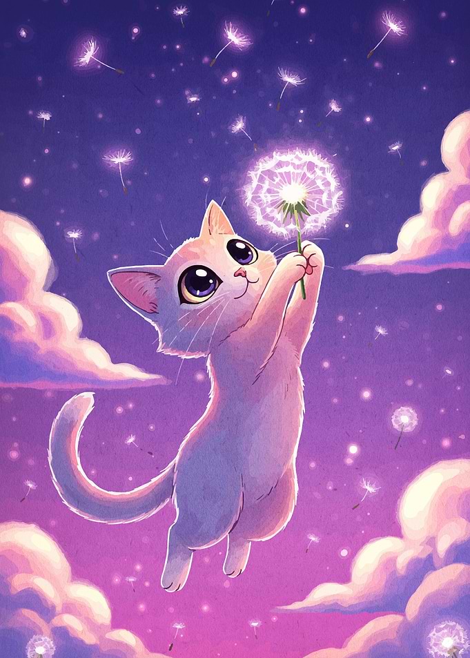 Cute Cat with Dandelion in Sky