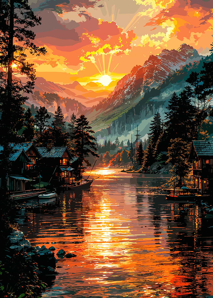 Sunset Over Mountain Lake