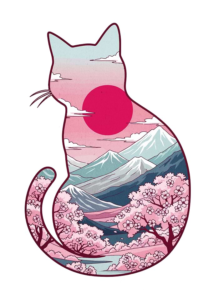 Japanese Cat Landscape Silhouette Art