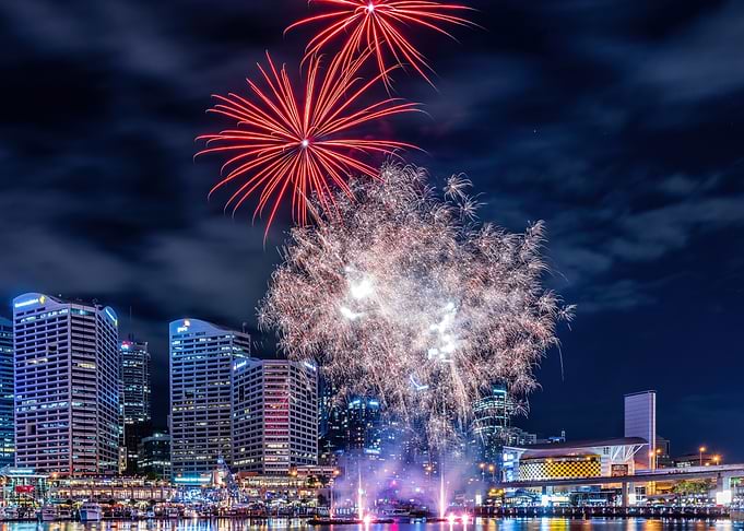 City Skyline Fireworks at Night