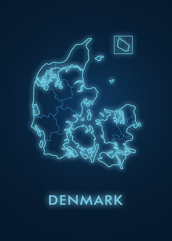 Neon blue map of Denmark
