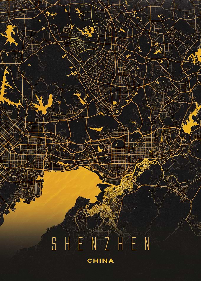 Shenzhen, China - Modern Black & Gold City Map Poster