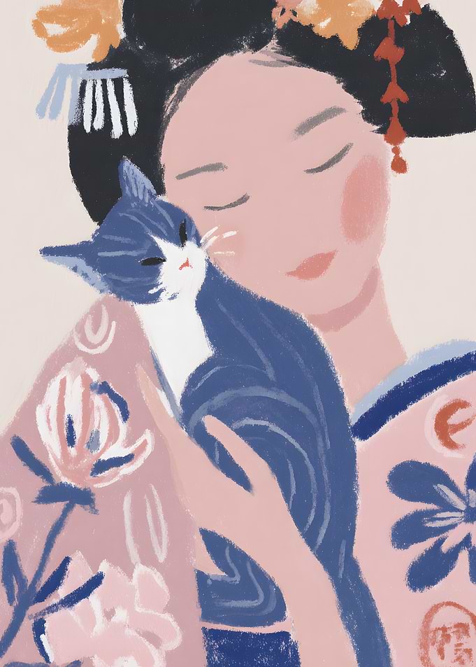 Geisha with Cat Illustration