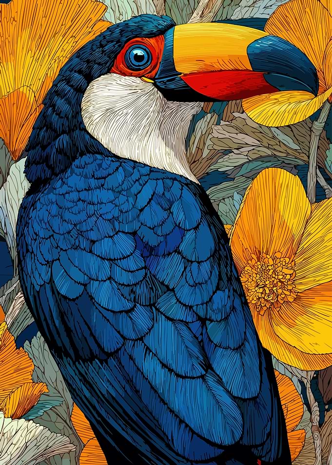 Colorful Toucan Portrait with Floral Background