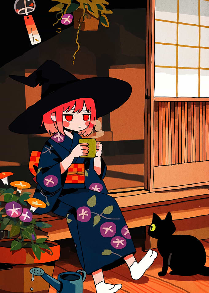 Witch with Cat and Morning Glories