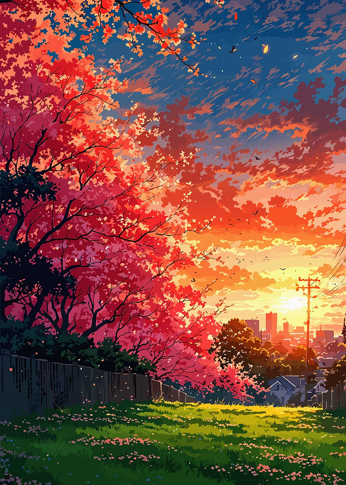 Anime Sunset Landscape with Cherry Blossoms