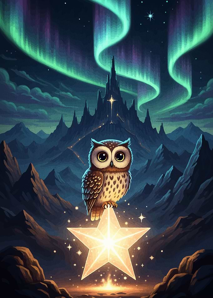 Owl on Starry Night Landscape