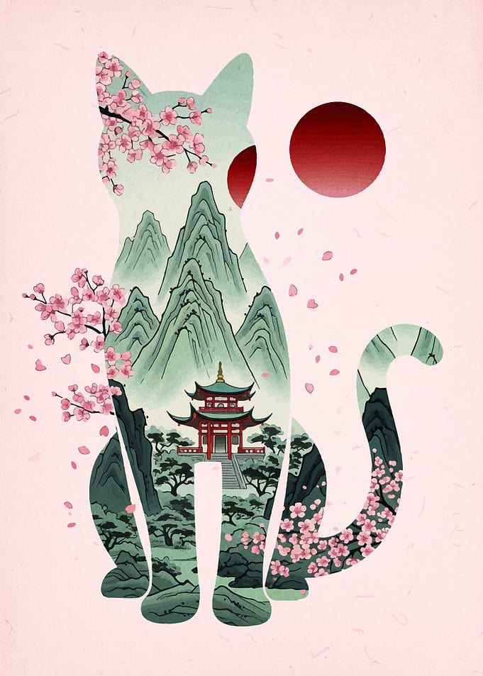 Japanese Cat Landscape Art