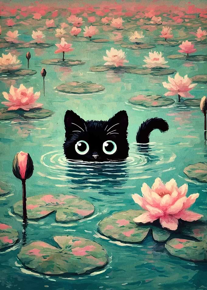Black Cat in Lily Pond