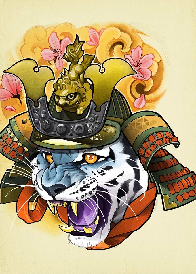 Samurai Tiger Head with Cherry Blossoms