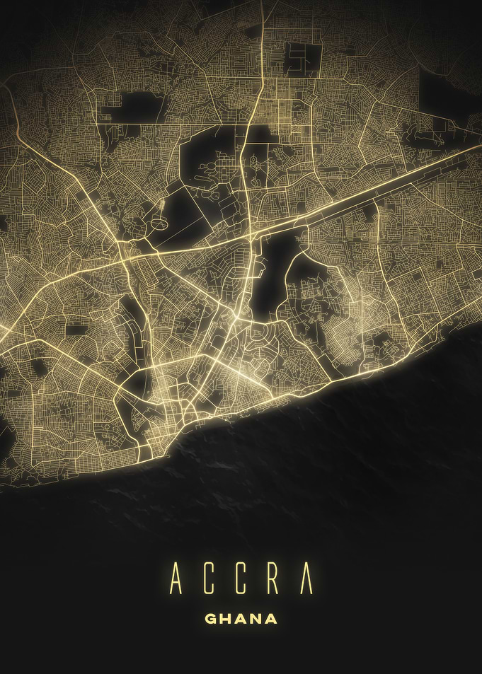 Accra, Ghana - Glowing Night City Streets Map