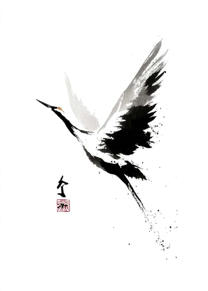 Crane in Flight Ink Painting