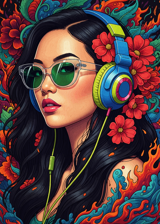 Woman with Headphones and Floral Background