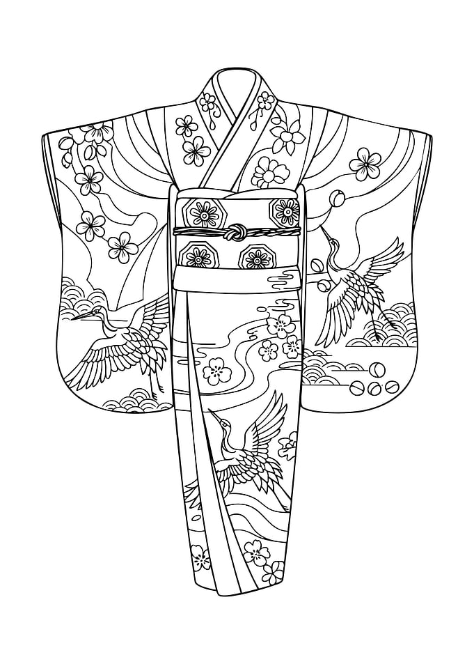 Kimono Outline with Cranes and Flowers