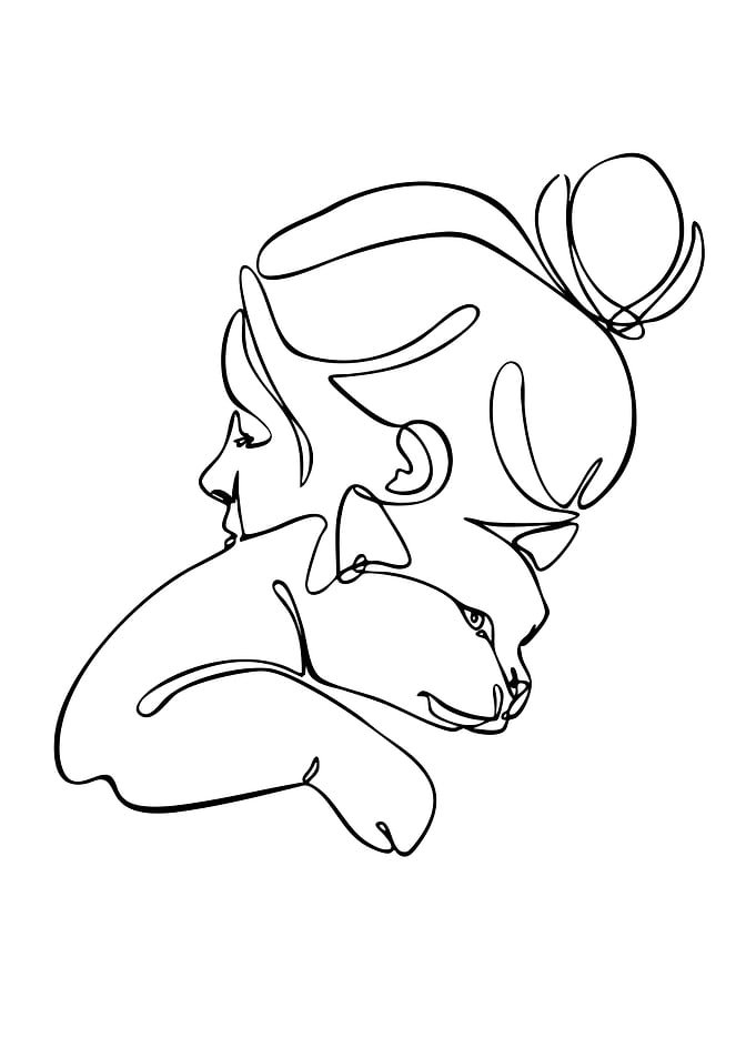 Woman and Cat Line Art