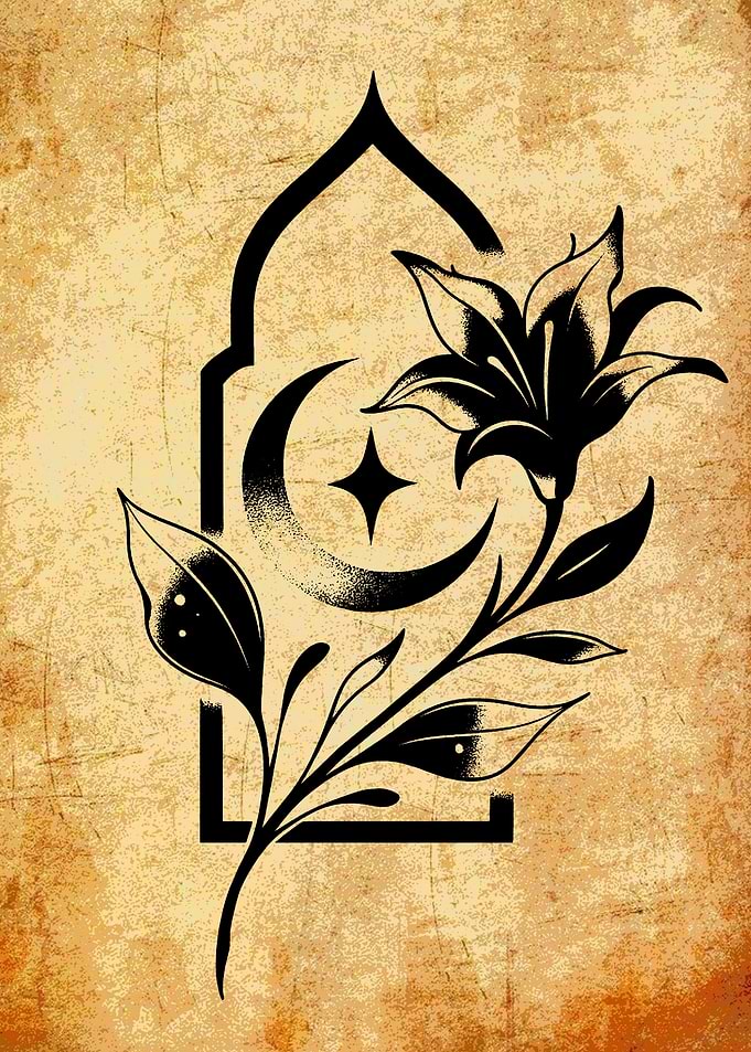 Floral Crescent Moon and Star Design