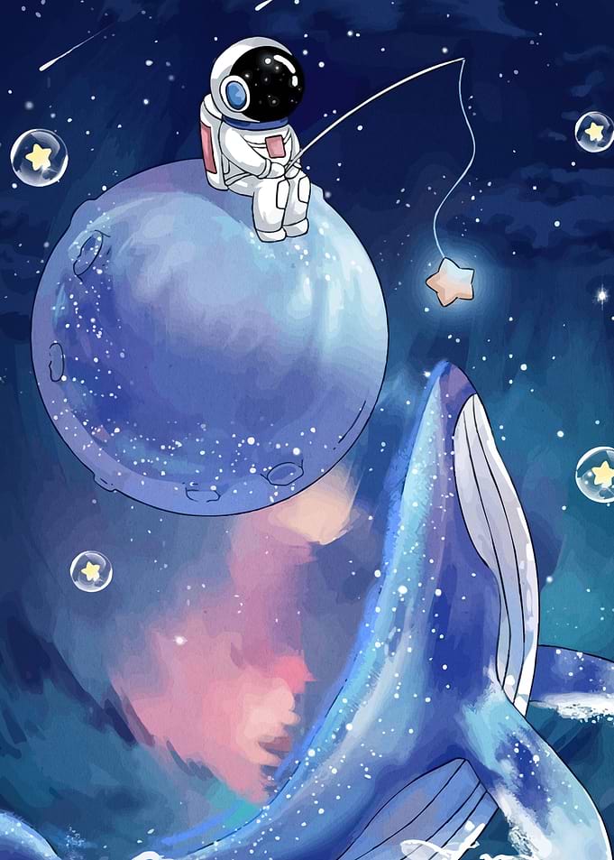 Astronaut Fishing Star Moon Whale