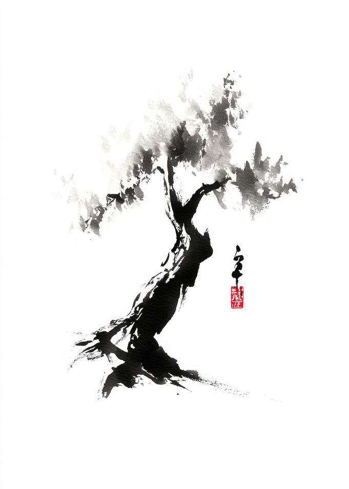Ink Wash Tree with Calligraphy