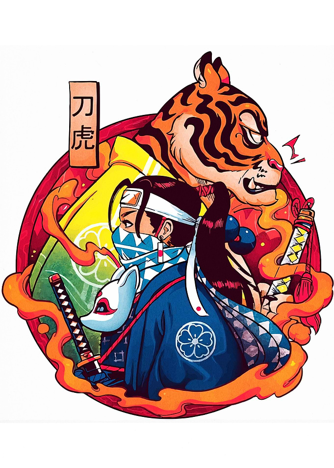 Samurai Warrior with Tiger and Mask