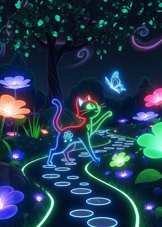 Neon Cat in Enchanted Garden