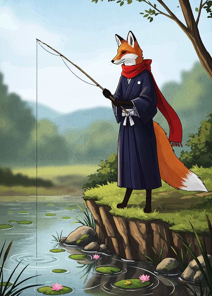 Fox Fishing in Kimono