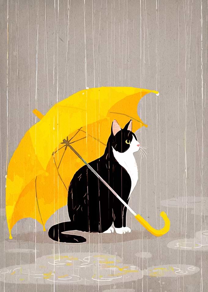 Cat under yellow umbrella in rain