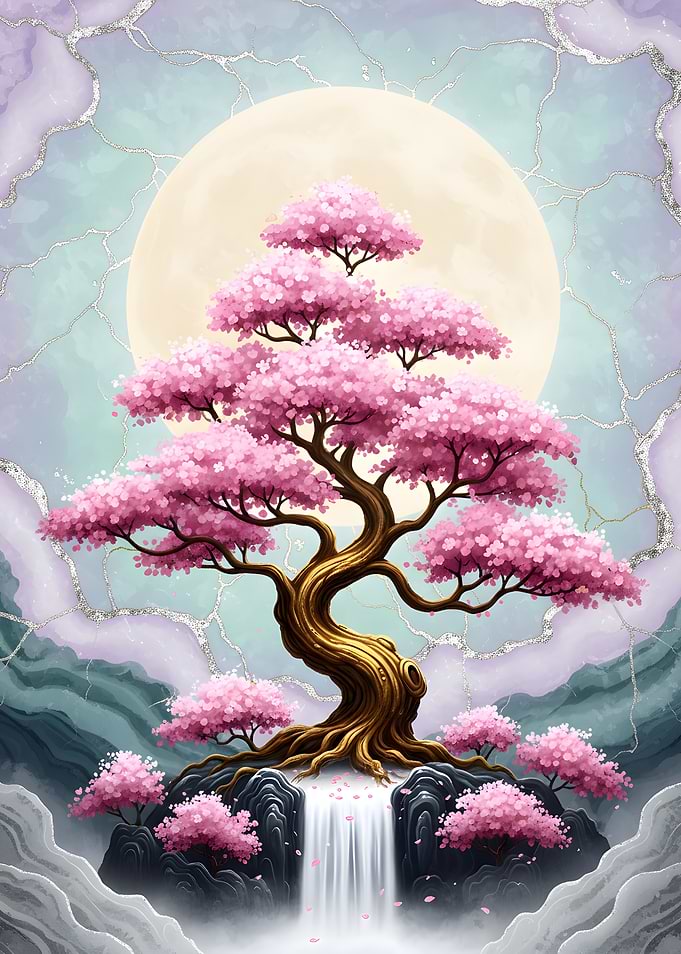 Cherry Blossom Tree with Waterfall