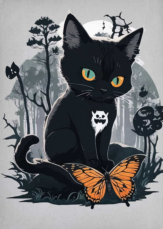 Black Cat and Butterfly Illustration