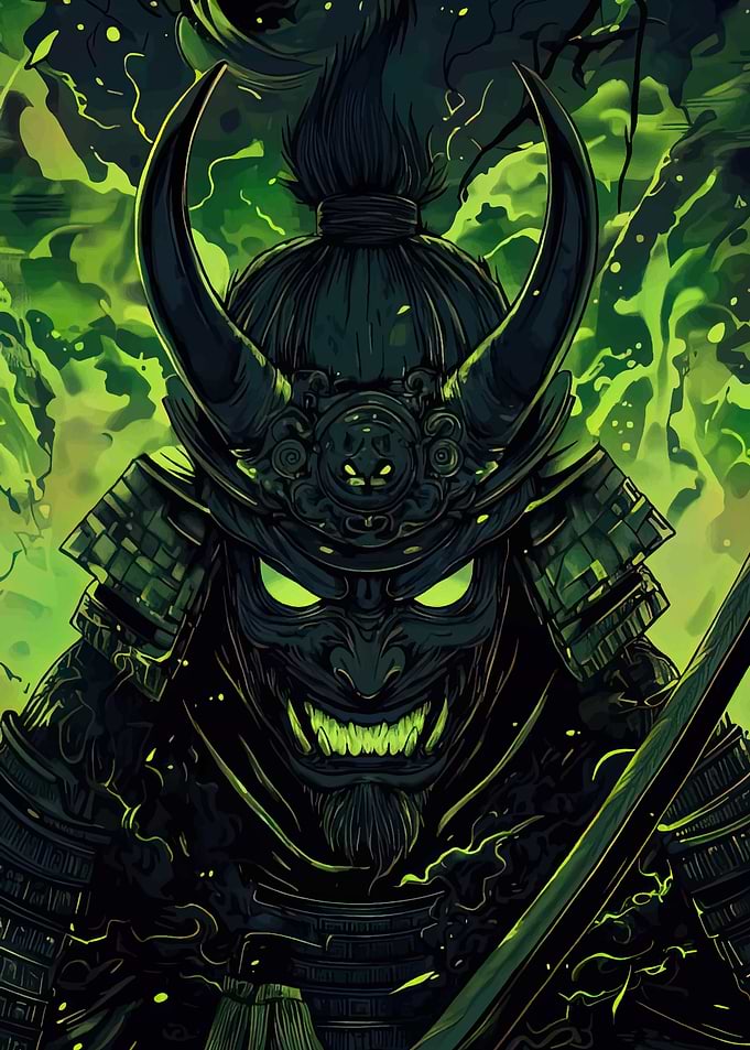 Demon Samurai with Glowing Green Eyes