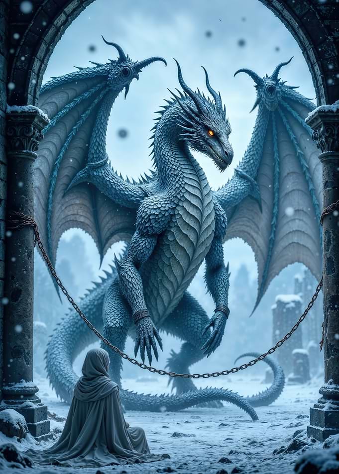 Chained Dragon and Cloaked Figure