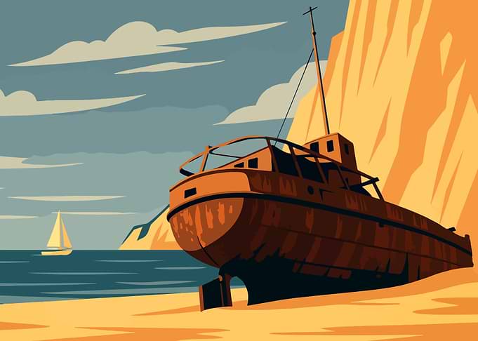Greek Shipwreck on the Beach Illustration
