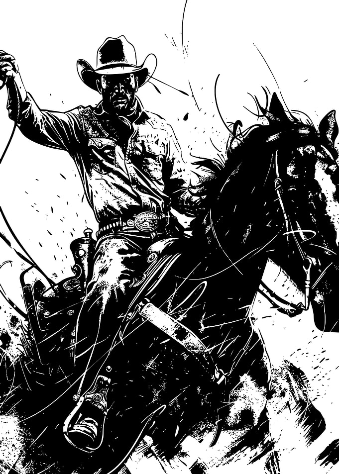 Cowboy on Horseback Black and White