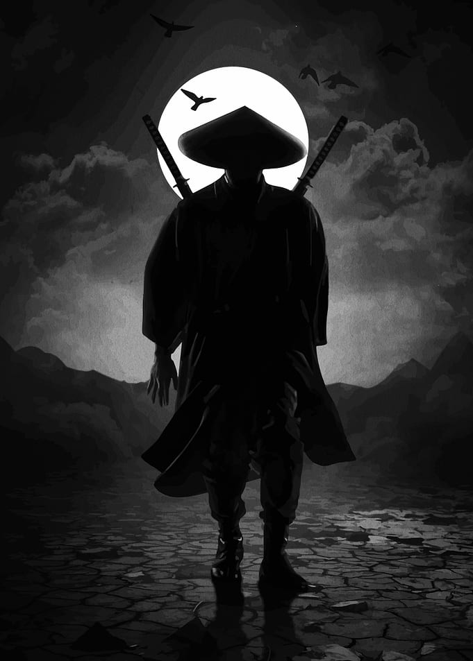 Monochrome Samurai Silhouette Under Full Moon