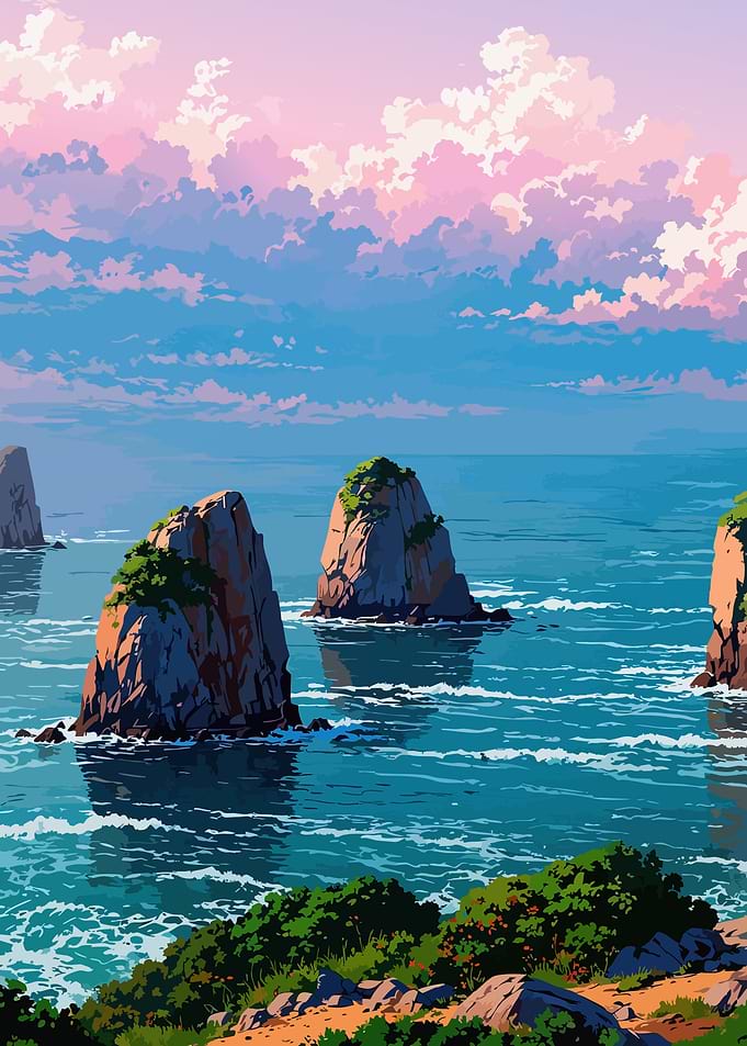 Coastal Rocks and Pink Sky