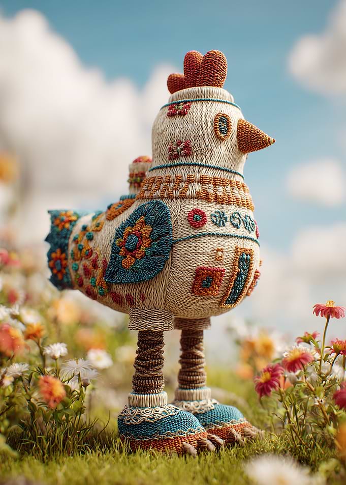 Decorative Knitted Chicken in a Meadow
