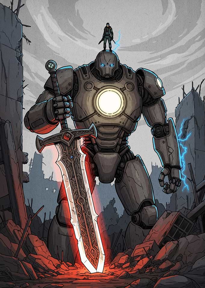Robot Warrior with Sword in Ruins