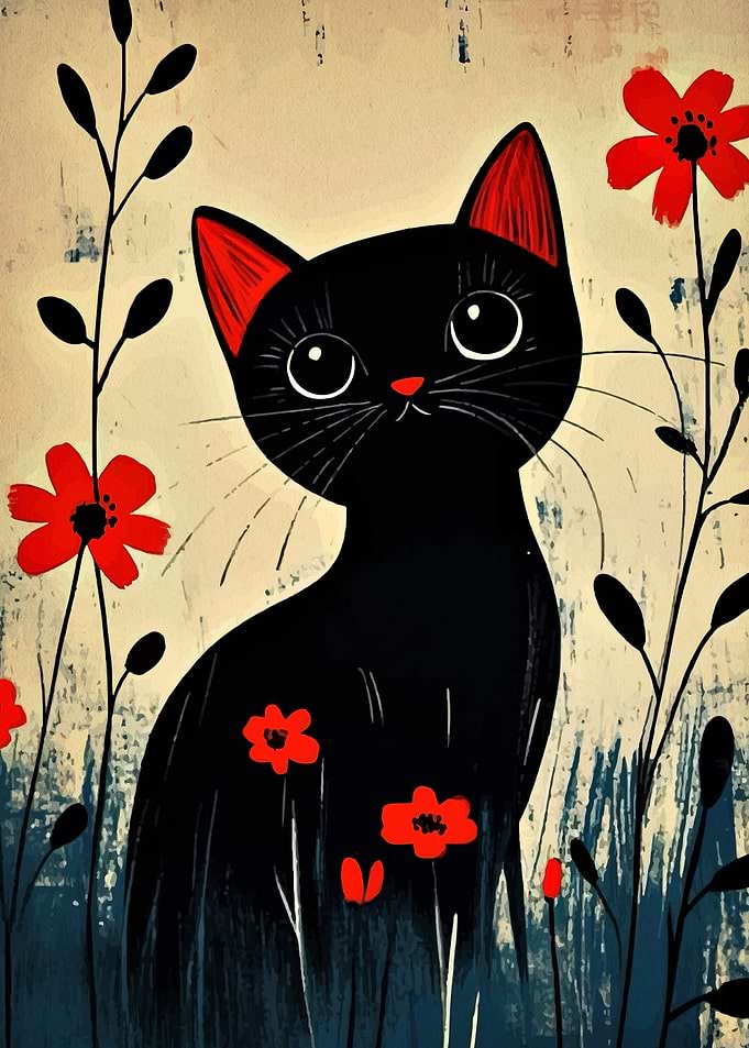 Black Cat with Red Flowers