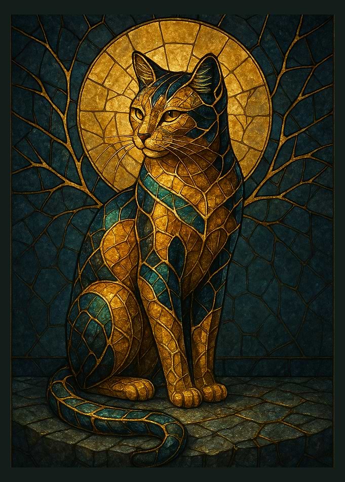 Golden Stained Glass Cat | Kintsugi-Inspired Feline Art | Symbol of Strength & Elegance