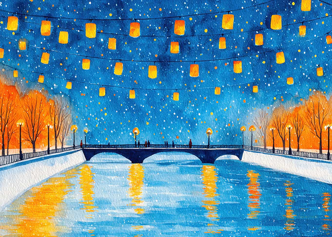 Watercolor Cityscape with Lanterns and Bridge