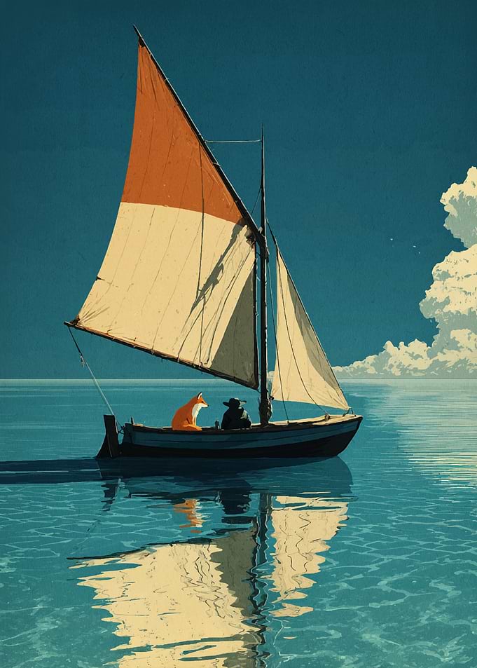 Fox and Sailor on a Calm Sea – Cinematic Voyage Illustration