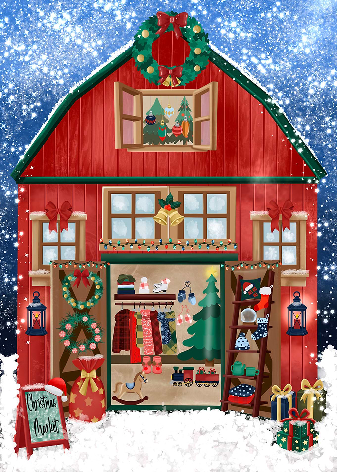 Christmas Market Barn Illustration
