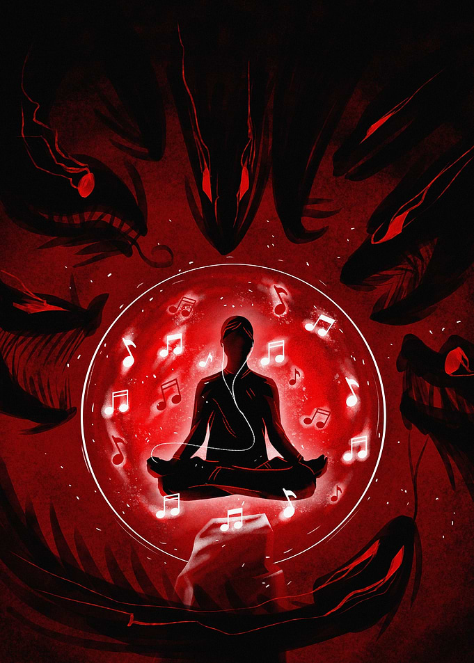 Meditating Person Surrounded by Dark Figures