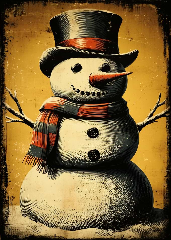 Vintage Snowman – Retro Christmas Illustration in Golden Tone