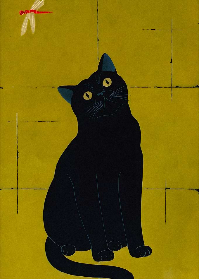 Black Cat and Dragonfly Art