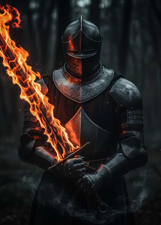 Knight with Flaming Sword in Forest