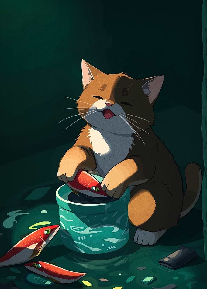 Happy Cat with Fish
