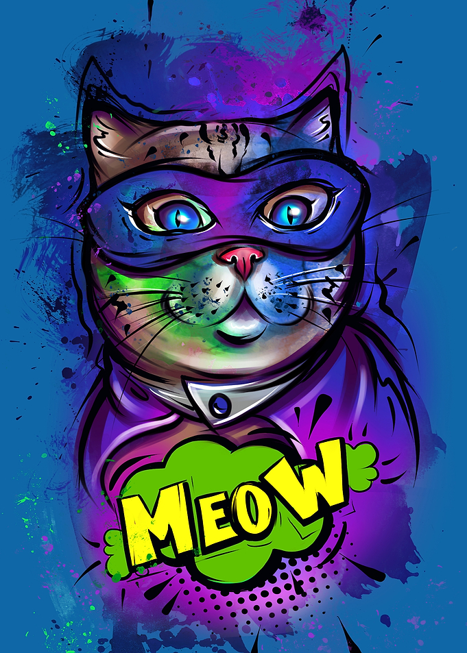 Superhero Cat with Meow Speech Bubble